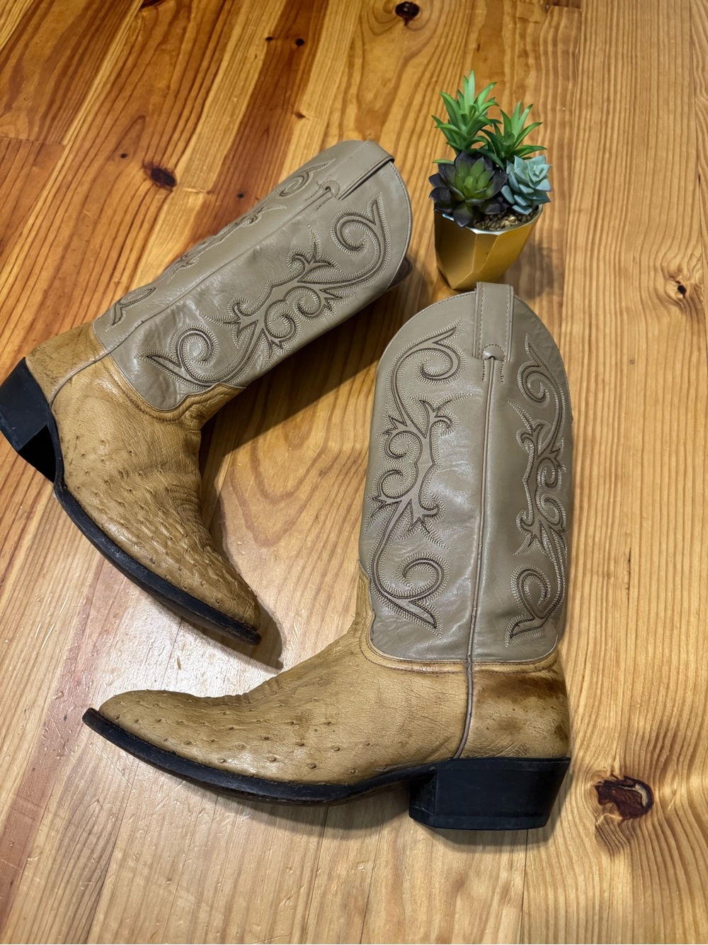 NOCONA Tan Two-Tone Ostrich Leather Upper Cowboy Boots Men’s Size 10D